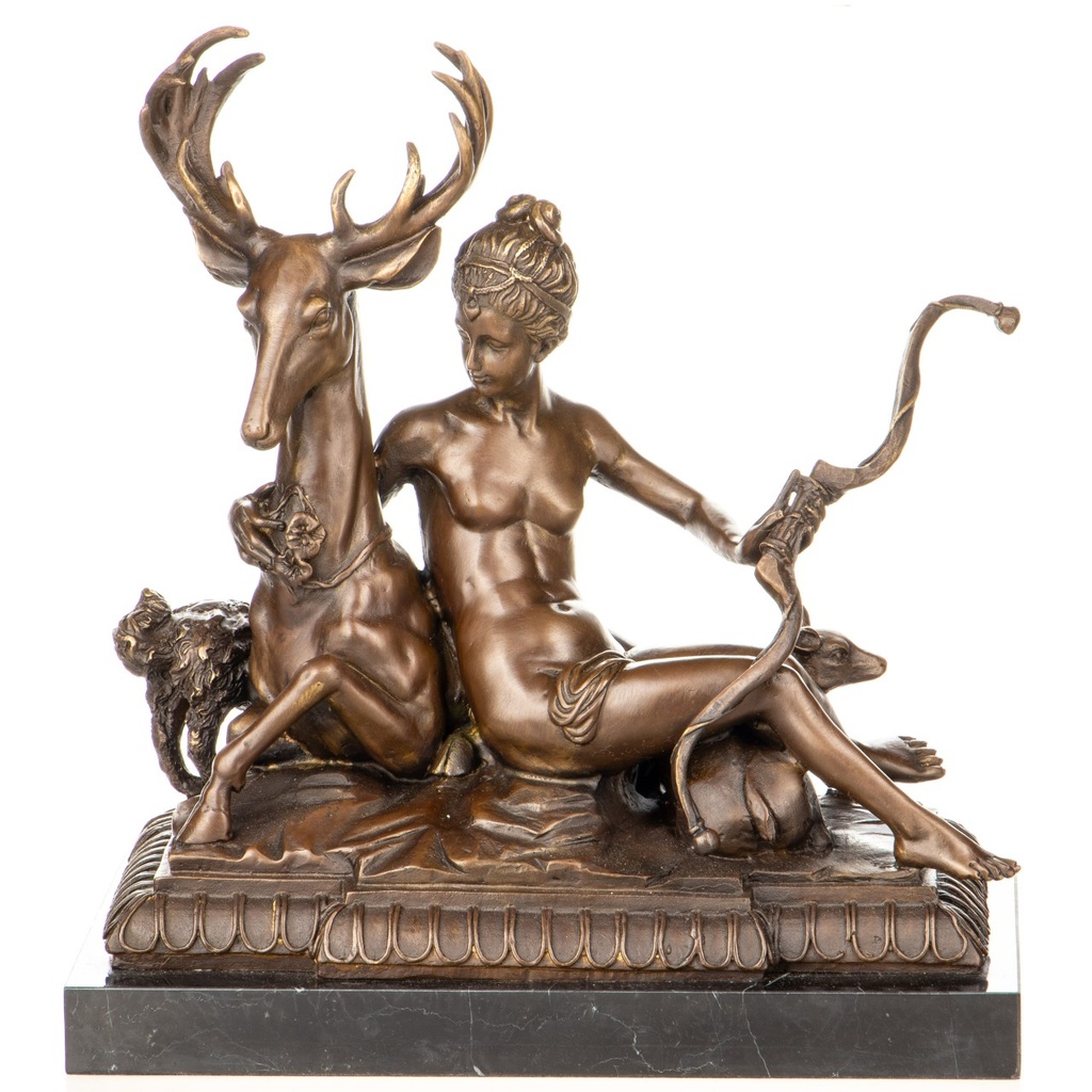 [LA-1822769] Mythologosche Bronzefigur Diana Göttin der Jagd mit Hirsch und Hunden