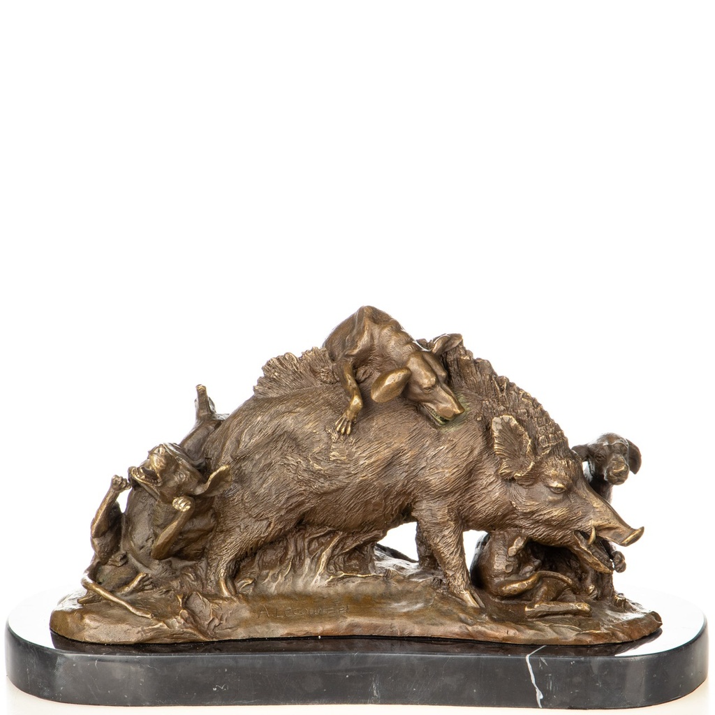 [LA-1822770] Bronzeskulptur Bronzefigur Wildschwein mit Jagdhunden