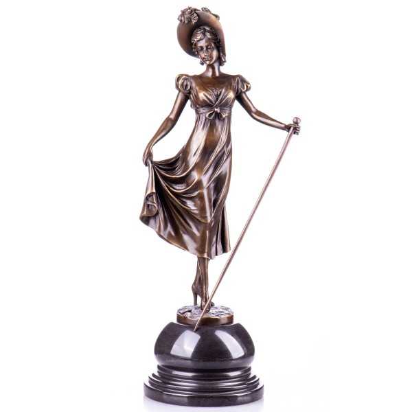 [LA-62550] Bronze Skulptur Figur Bronzeskulptur Bronzefigur Frau mit Spazierstock