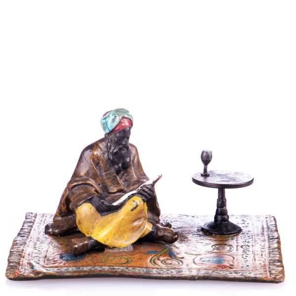 [LA-62603] Bronze Skulptur Figur Bronzeskulptur Bronzefigur Lesender Araber auf Teppich