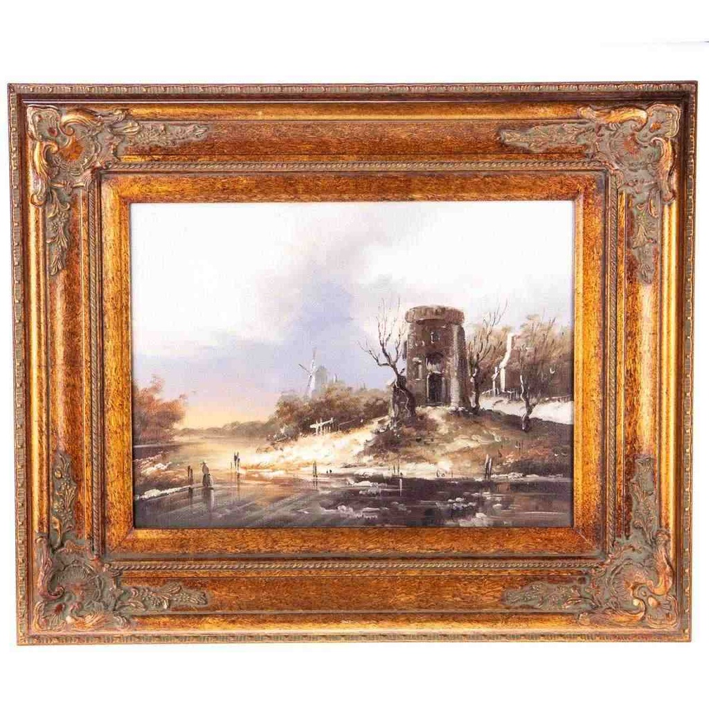 [LA-62785] Ölgemälde mit Rahmen - Winterlandschaft Windmühle #62785