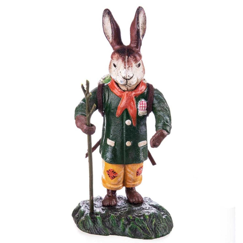 [LA-63020] Skulptur Figur Gusseisen Hase mit Wanderstock und Korb