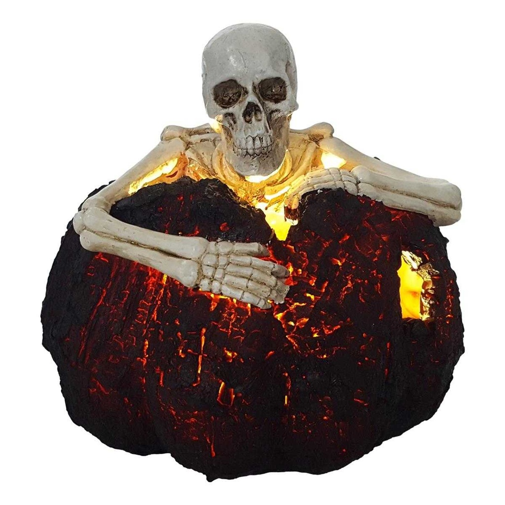 [LA-63928] Kunststein Figur Skulptur Halloween Skelett in Kürbis mit LED beleuchtung