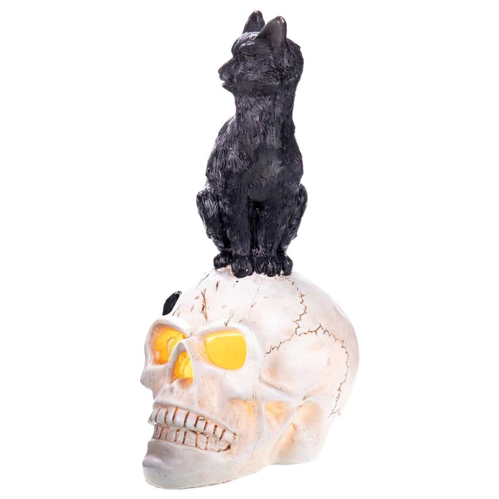 [LA-63942] Skulptur Figur Kunststein schwarzer Kater auf Totenkopf Gothic Halloween