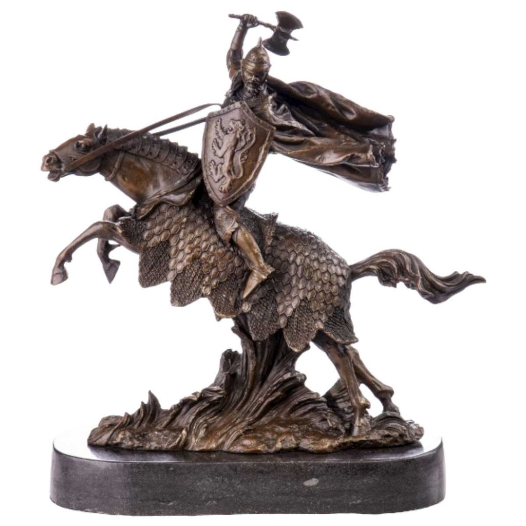 [LA-64043] Skulptur Figur Bronzeskulptur Bronzefigur Bronze Ritter auf Pferd mit Streitaxt