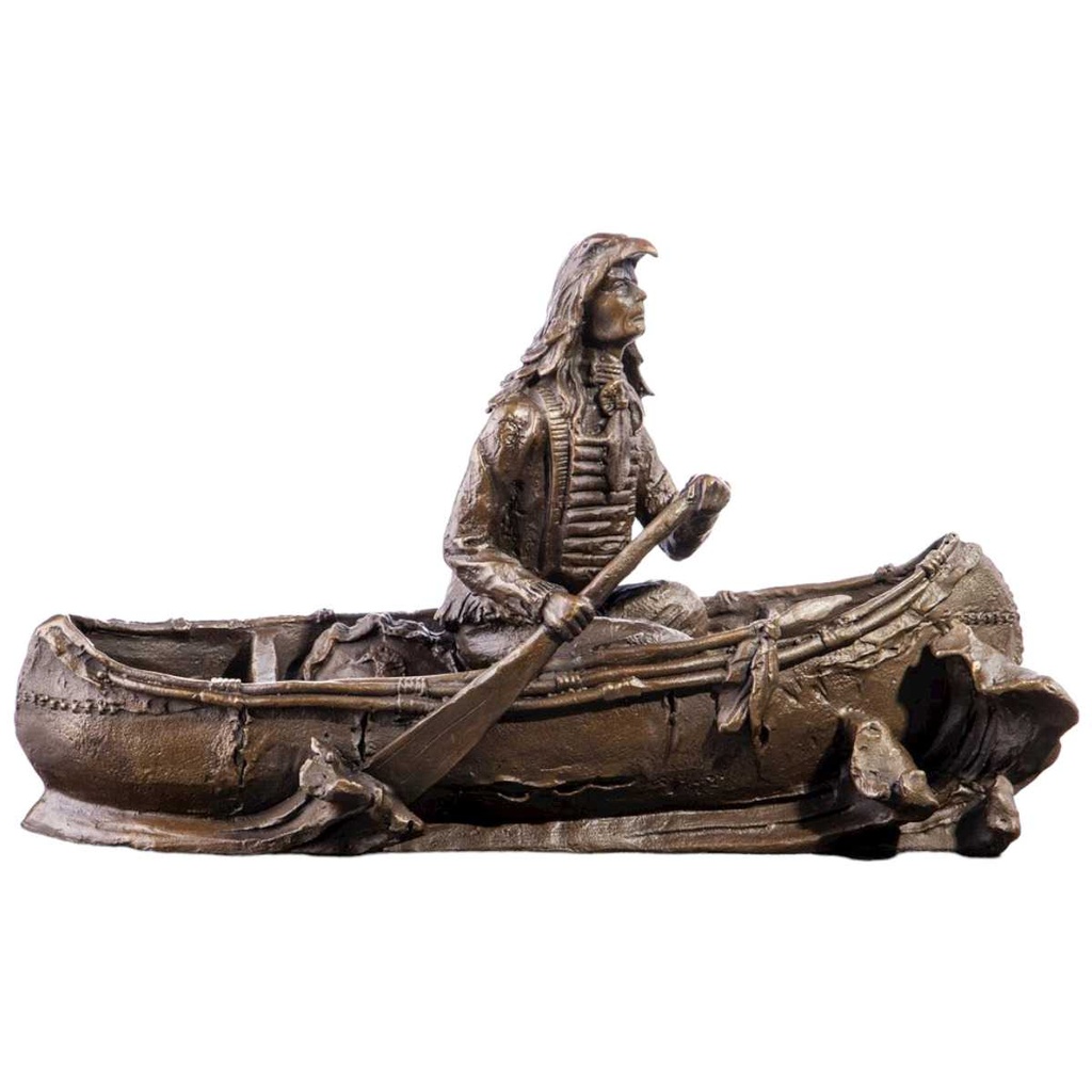 [LA-64048] Bronze Skulptur Figur Bronzeskulptur Bronzefigur Western Indianer im Kanu Western-Stil