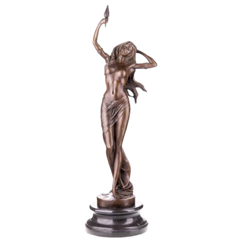 [LA-64084] Bronze Skulptur Figur Bronzeskulptur Bronzefigur Weiblicher Akt mit Fackel