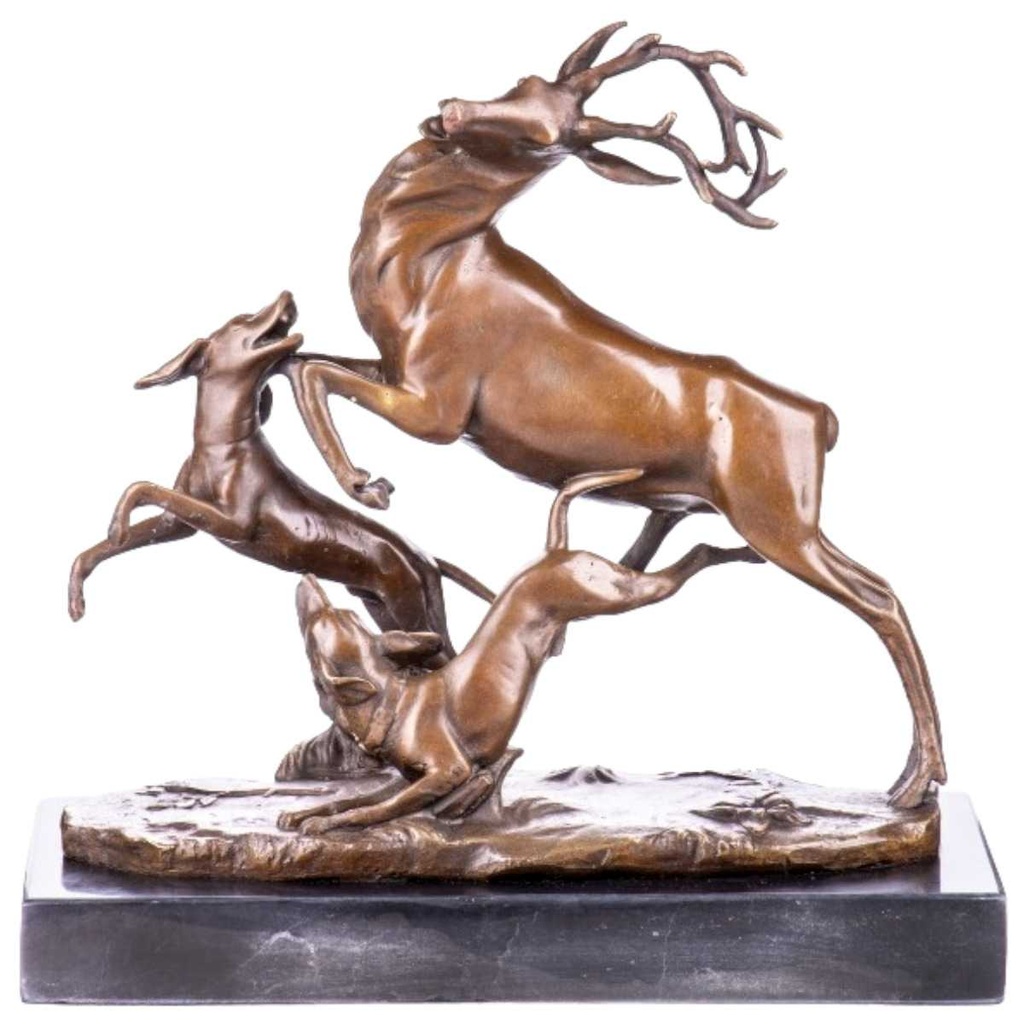 [LA-64089] Skulptur Figur Bronzeskulptur Bronzefigur Bronze Hirsch mit Jagdhunden