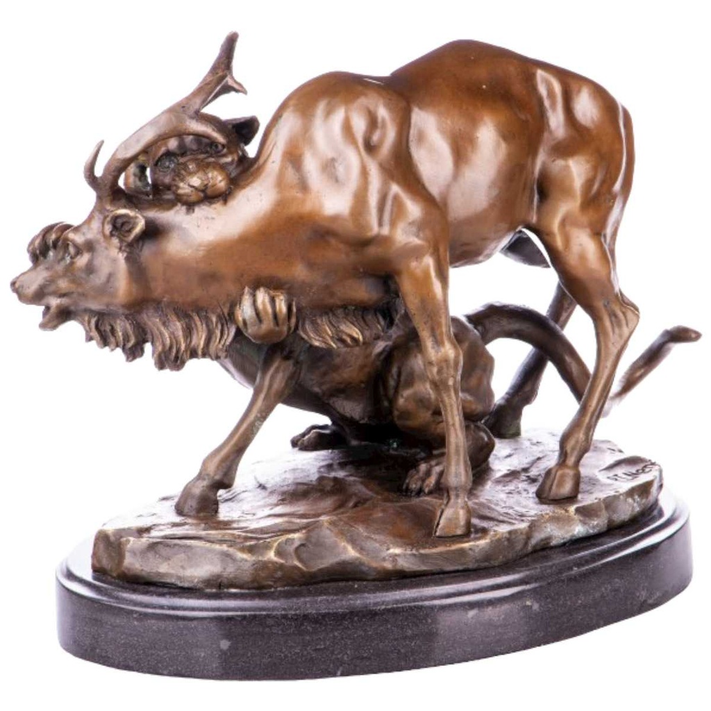 [LA-64090] Bronze Skulptur Figur Bronzeskulptur Bronzefigur Löwe Erlegt Einen Hirsch