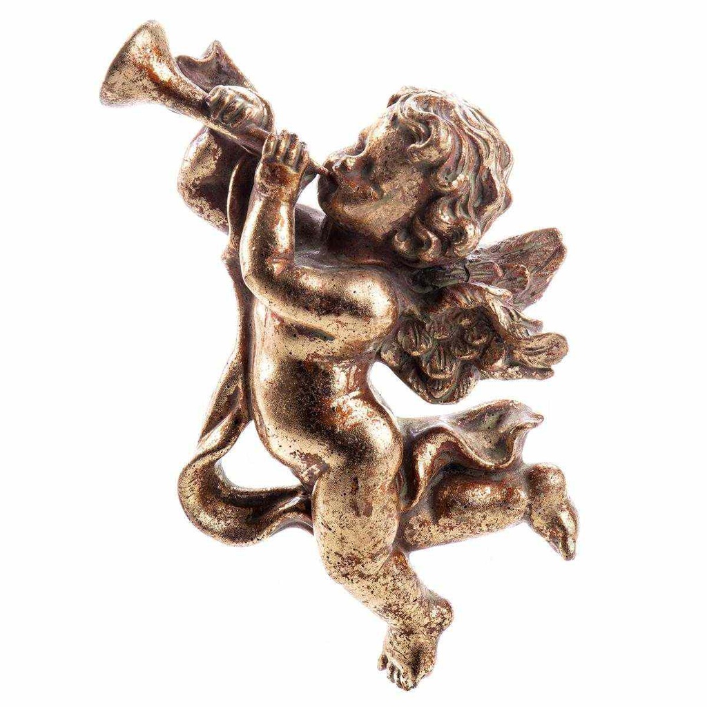 [LA-84776] Wanddekoration Wandskulptur Wandengel Kunststein Engel mit Klarinette links Gold Wandmontage #84776