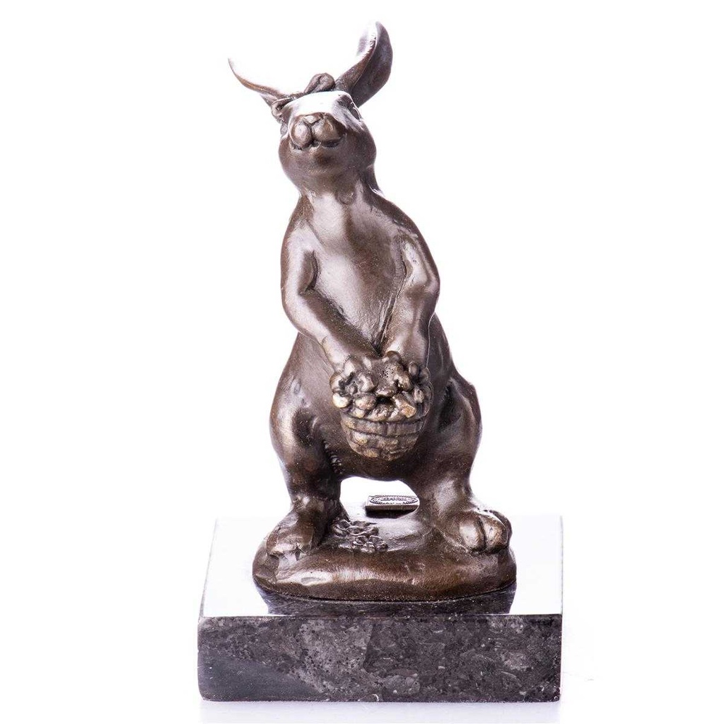 [LA-85094] Skulptur Figur Bronzeskulptur Bronzefigur Osterhase mit Blumenkorb Ostern