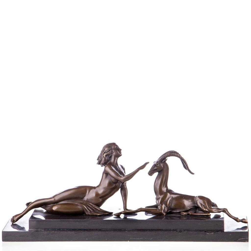 [LA-88099] Skulptur Figur Bronzeskulptur Bronzefigur Frau mit Antilope