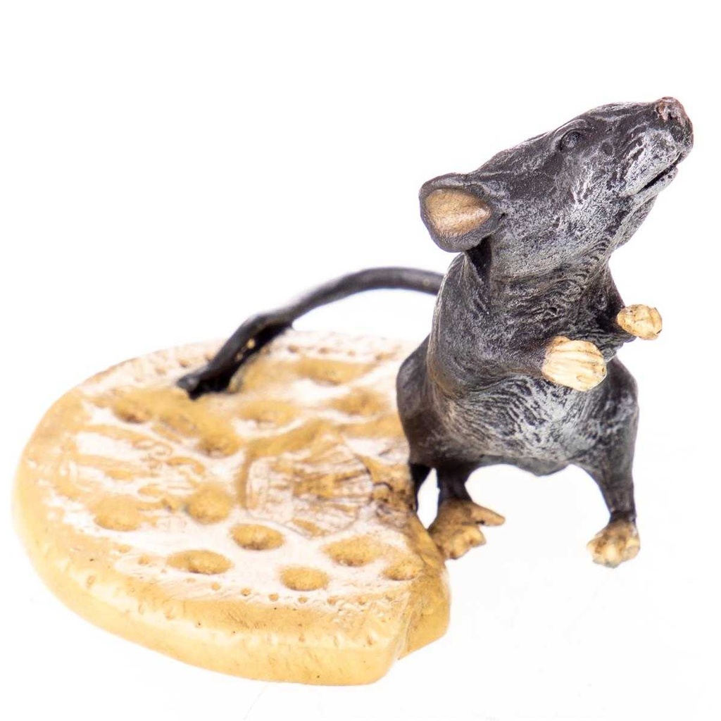 [LA-88108] Skulptur Figur Bronzeskulptur Bronzefigur Maus mit Keks
