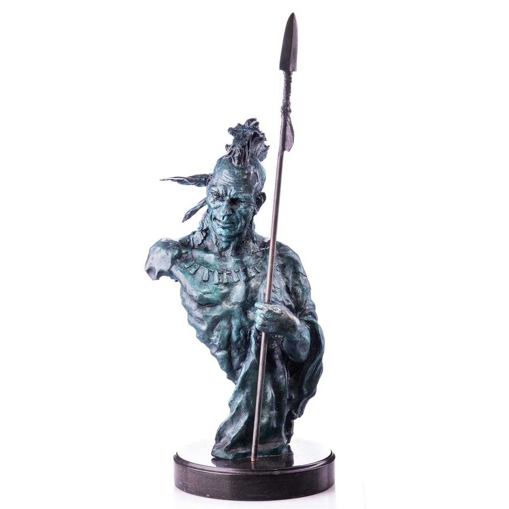 [LA-96913] Skulptur Figur Statue grün patiniert Indianer mit Speer grüner Patina