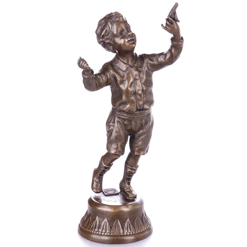 [LA-98929] Bronzeskulptur Bronzefigur Junge mit Vogel