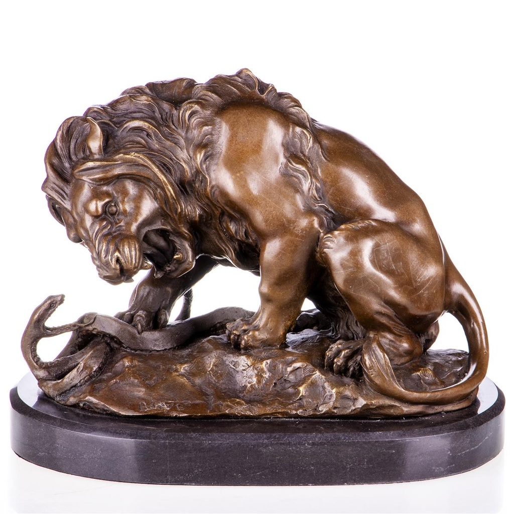 [LA-99066] Bronzeskulptur Bronzefigur Löwe mit Schlange nach Barye