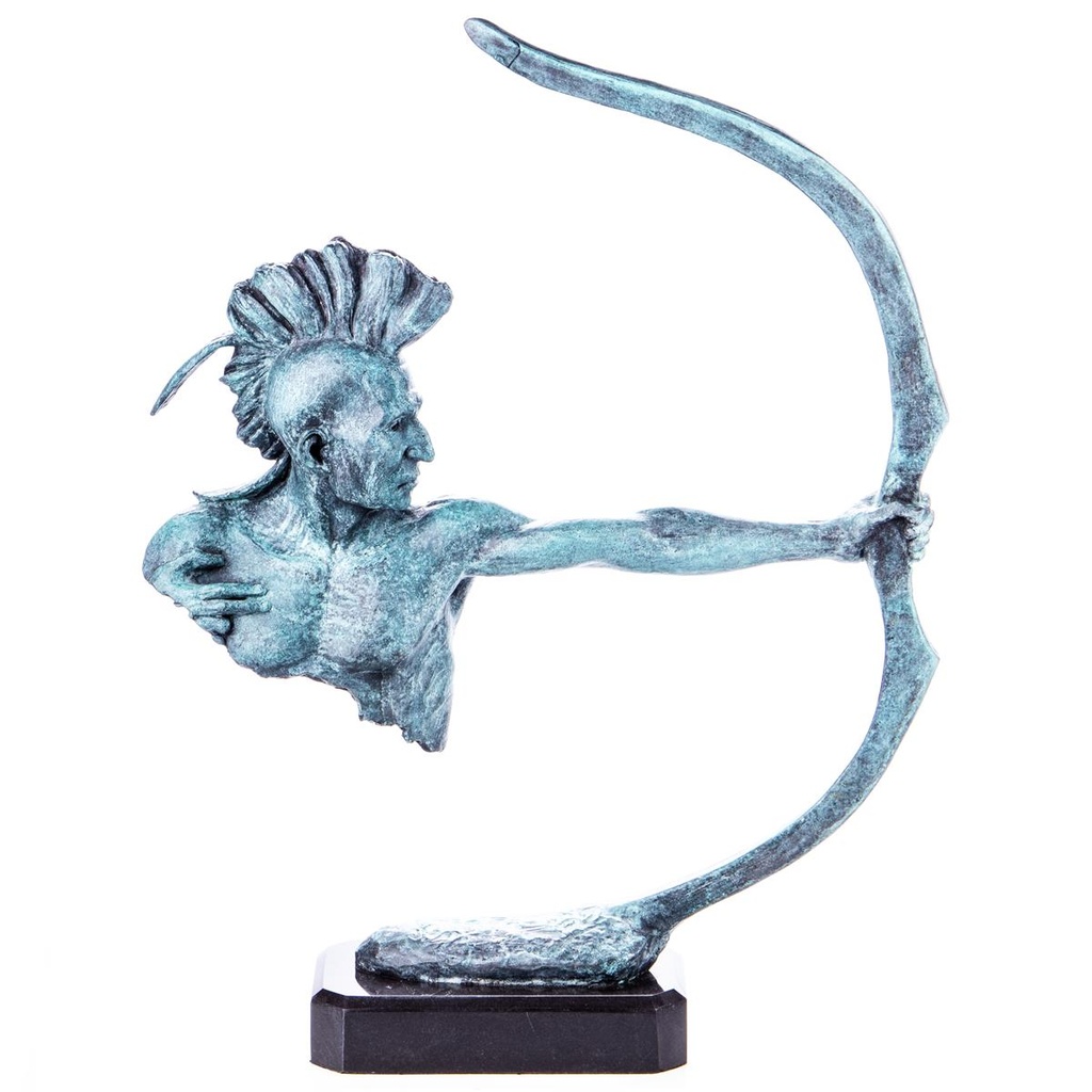 [LA-99109] Moderne Western Bronzefigur Indianer mit Bogen Grüner Patina