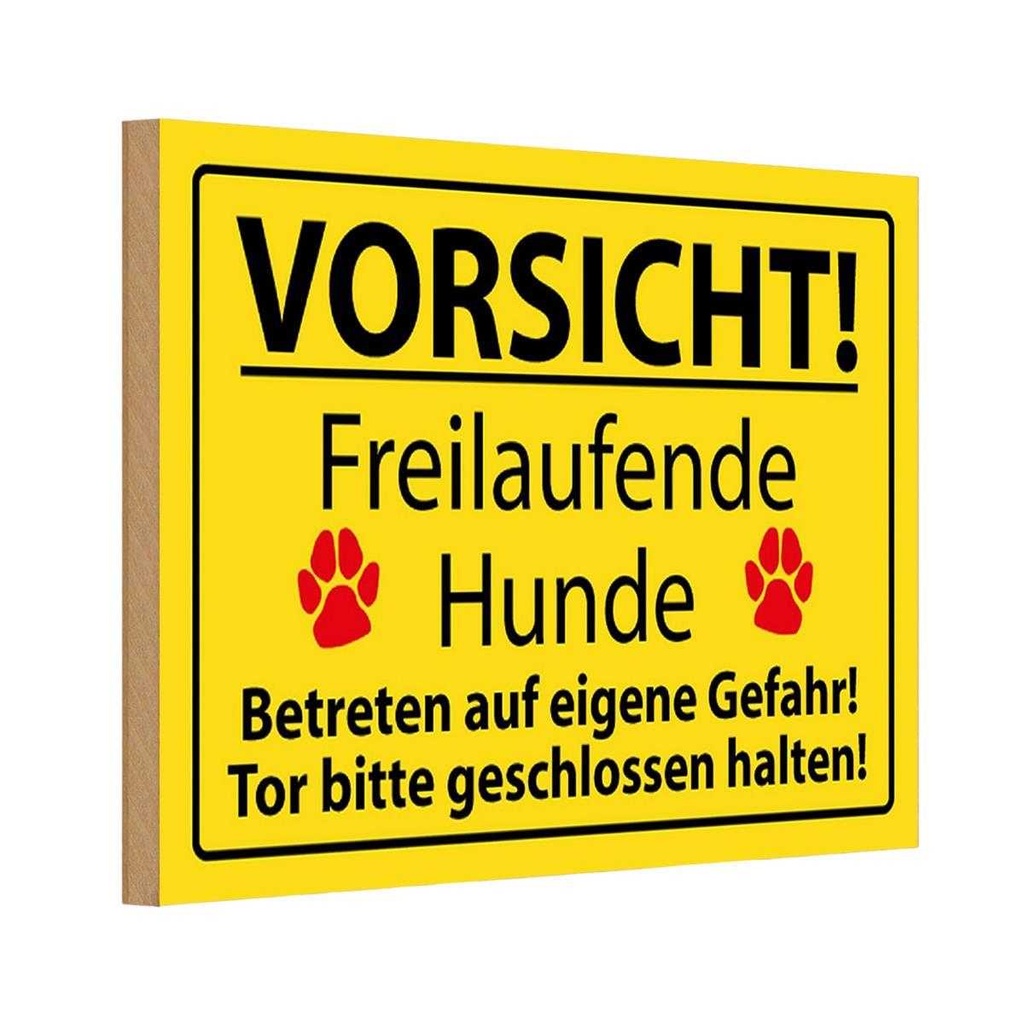 [LA-111728-1812-H] Holzschild 12x18 cm Vorsicht Freilaufende Hunde Warnschild Hinweisschild