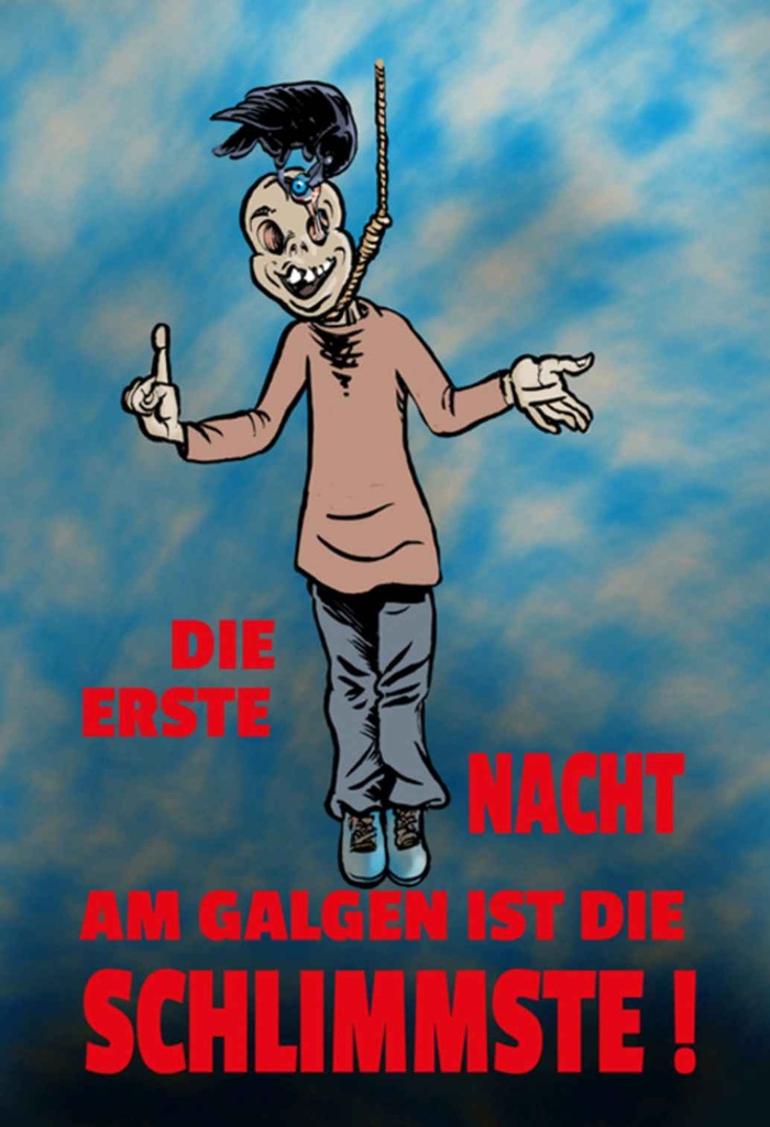 [LA-111875-1812-H] Holzschild 18x12 cm Erste Nacht am Galgen ist schlimmste Spruch Zitat