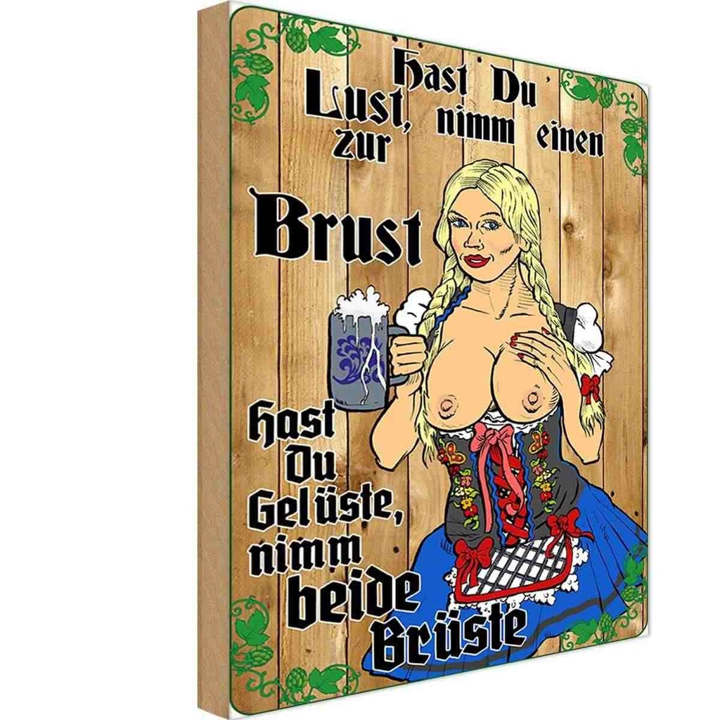 [LA-112131-1812-H] Holzschild 18x12 cm Pinup Nimm einen zur Brust Alkohol Bier Pin Up