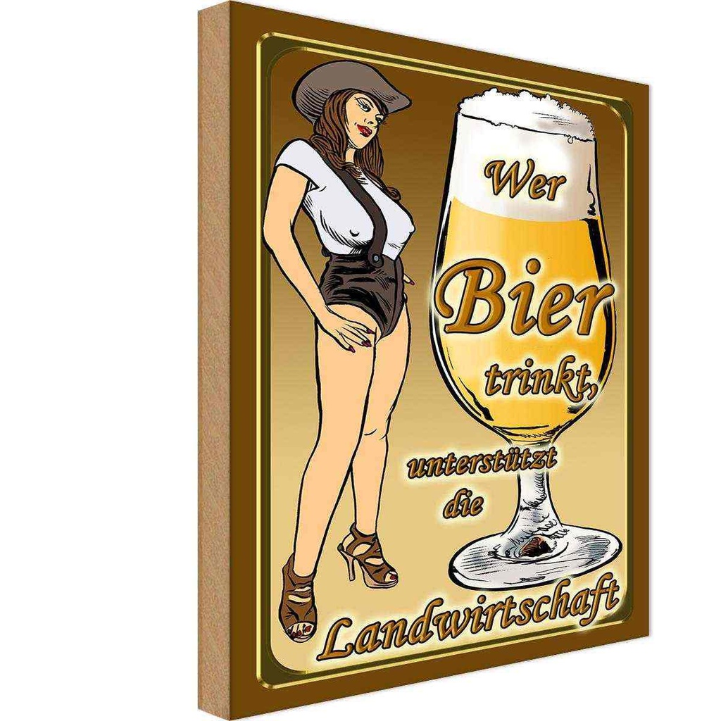 [LA-112398-1812-H] Holzschild 18x12 cm Pinup wer Bier trinkt unterstützt Land Pin Up