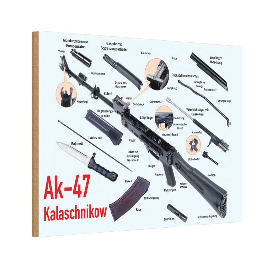 [LA-113588-1812-H] Holzschild 12x18 cm Beruf Arbeit Gewehr AK-47 Kalaschnikow Einzelteile