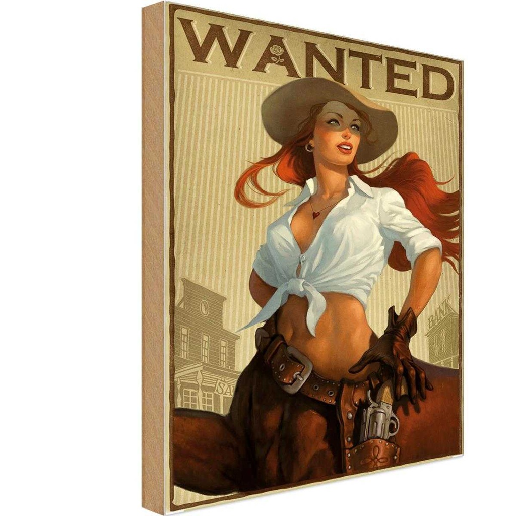 [LA-113635-1812-H] Holzschild 18x12 cm Pinup wanted Cowgirl Pin Up