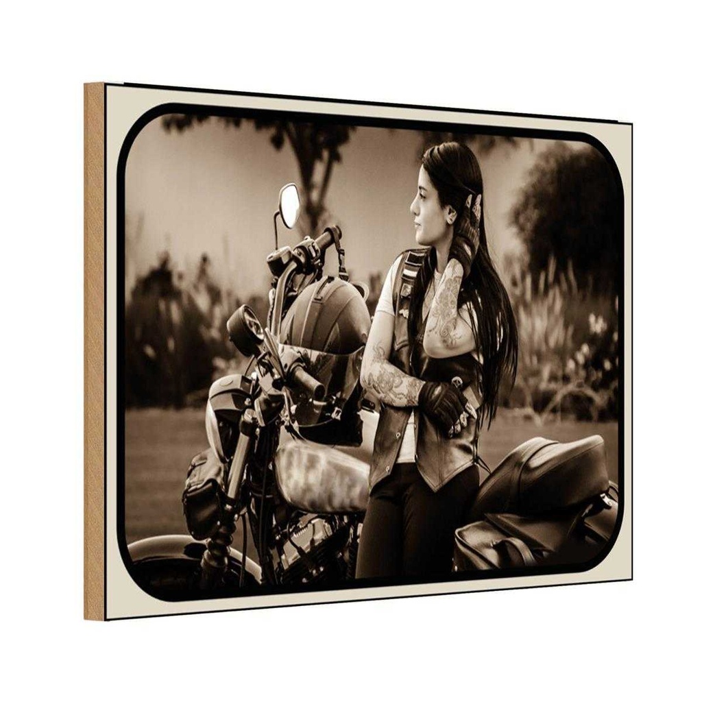 [LA-113662-1812-H] Holzschild 12x18 cm Motorrad Bike Bildmotiv Girl Frau biker Pinup Auto Garage Werkstatt
