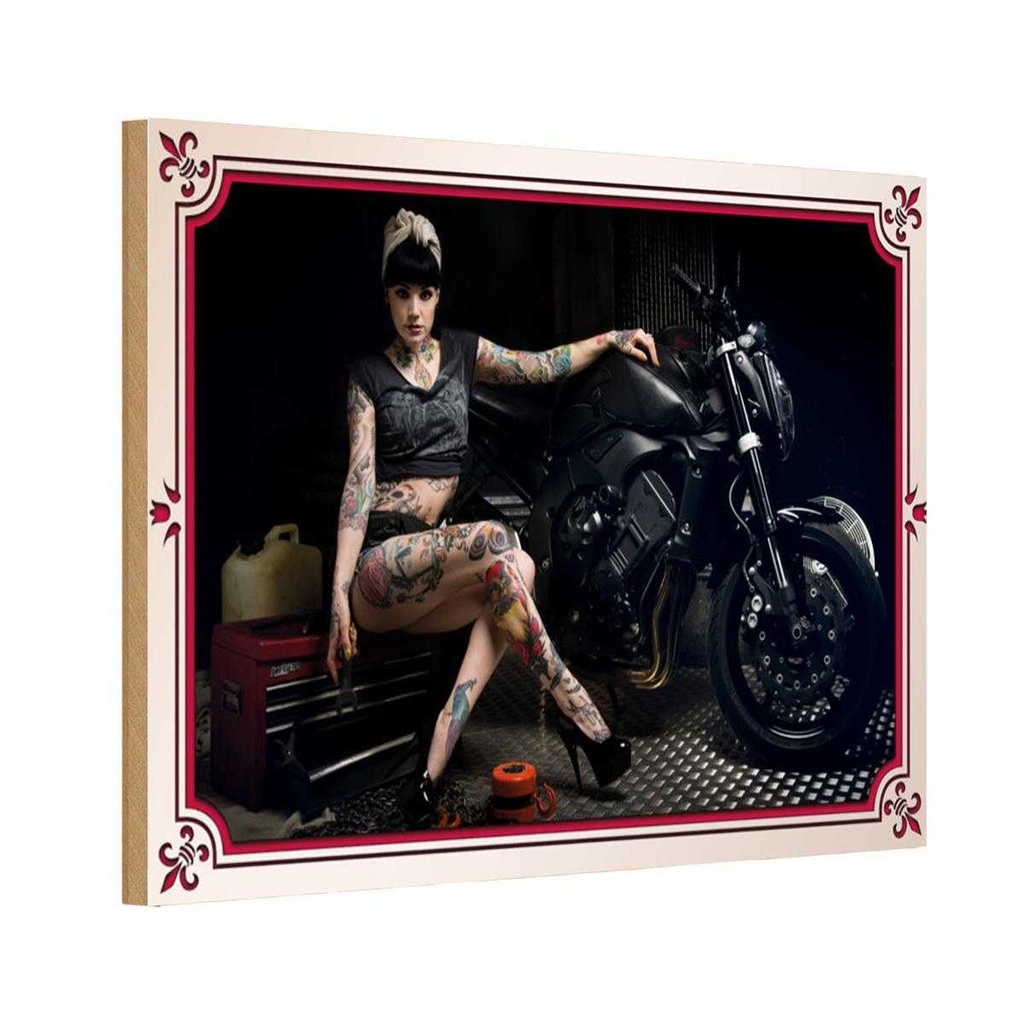 [LA-113666-1812-H] Holzschild 12x18 cm Motorrad Bike Girl Pinup Frau Tattoo Bildmotiv Pin Up