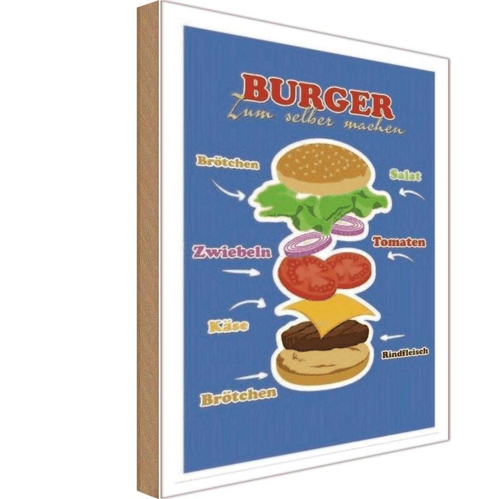 [LA-113882-1812-H] Holzschild 18x12 cm Rezept Burger zum selber machen England