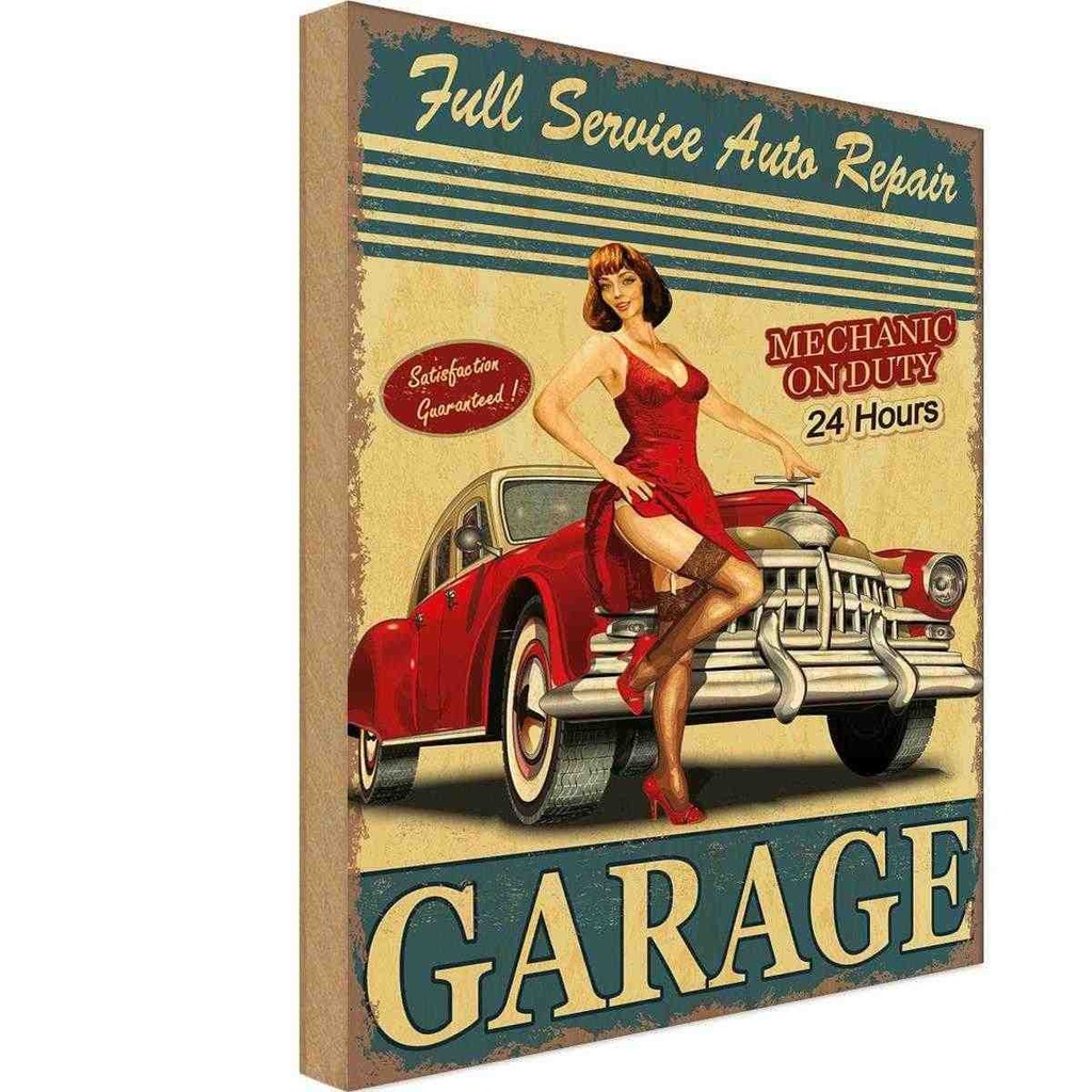 [LA-114618-1812-H] Holzschild 18x12 cm Pinup Garage Full Service Auto Repair Pin Up