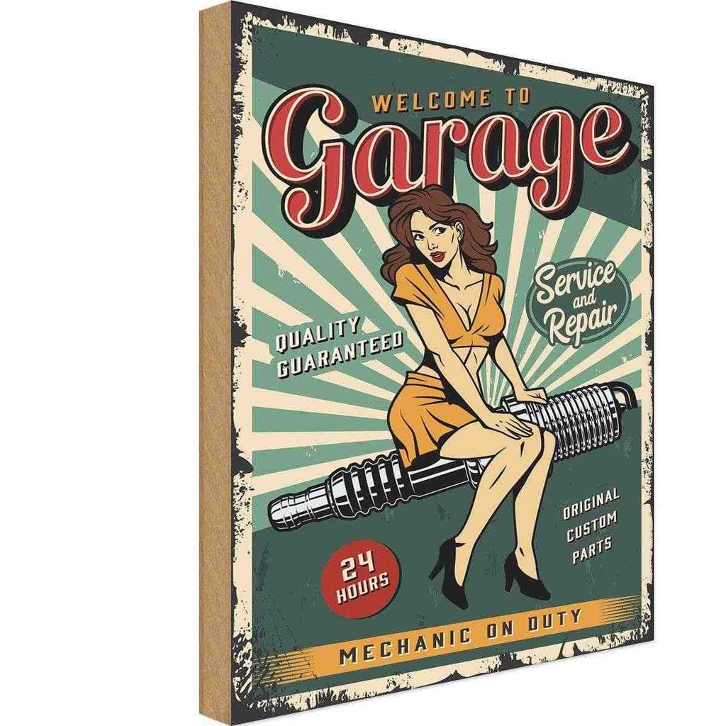 [LA-114666-1812-H] Holzschild 18x12 cm Pinup welcome Garage 24 service Pin Up