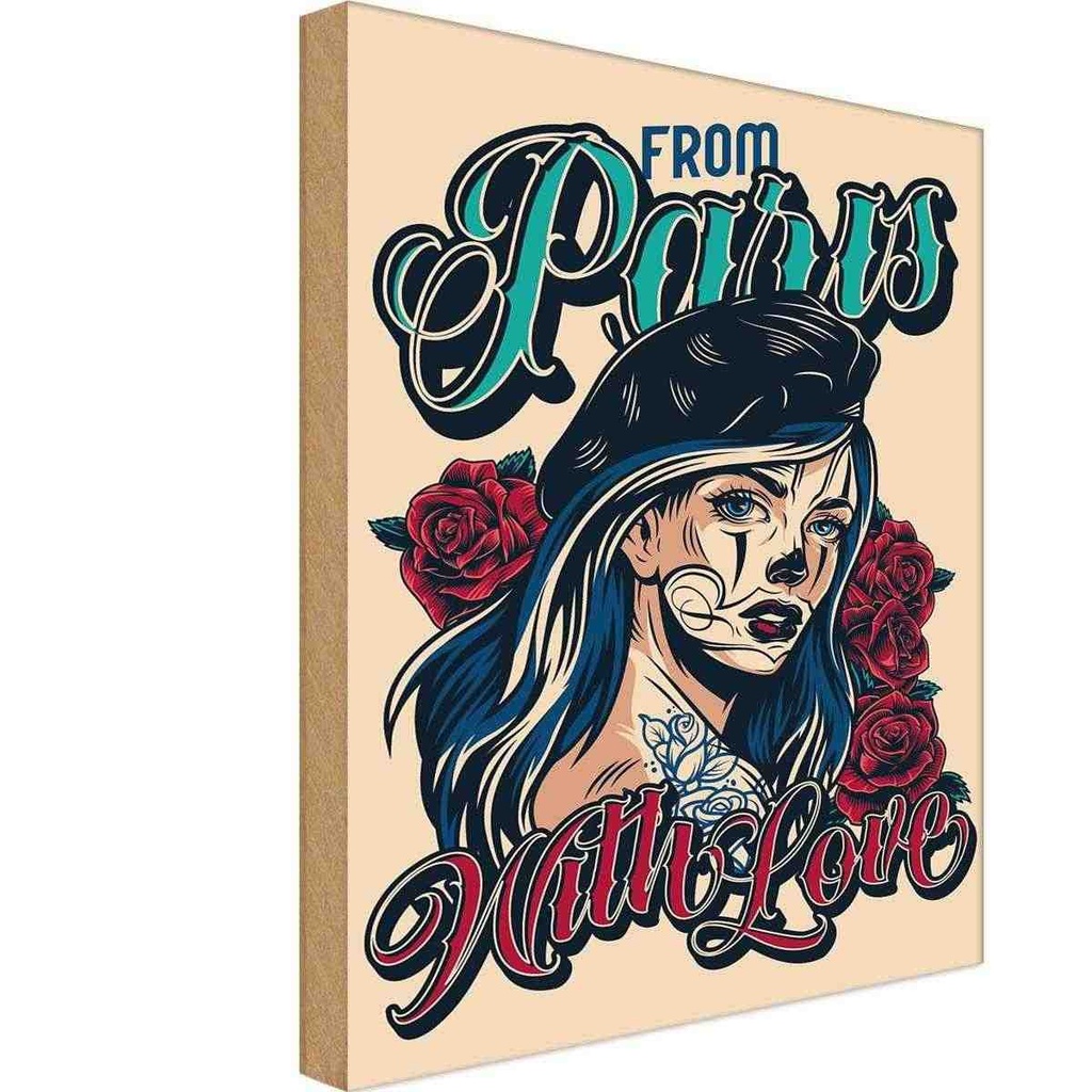 [LA-114683-1812-H] Holzschild 18x12 cm Pinup Tattoo from Paris with love Pin Up