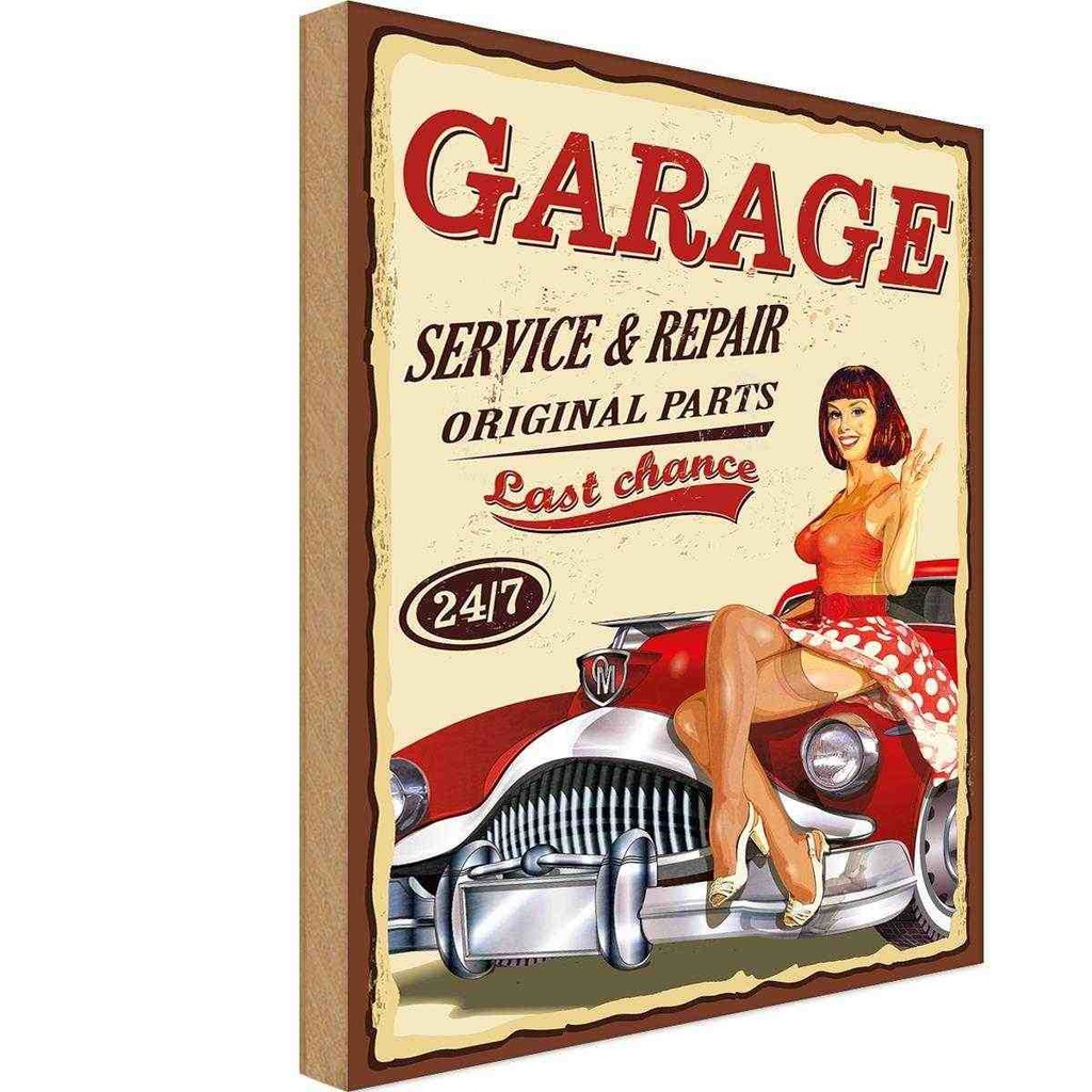 [LA-114696-1812-H] Holzschild 18x12 cm Pinup Garage service repair 24/7 Pin Up