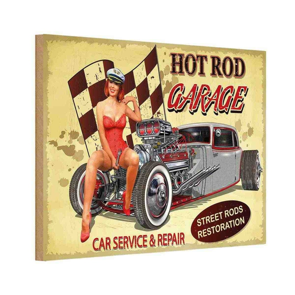 [LA-114701-1812-H] Holzschild 12x18 cm Pinup Hoit Rod Garage Service Pin Up