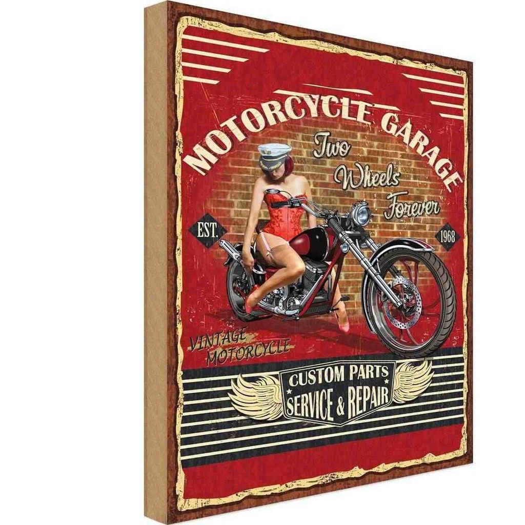 [LA-114702-1812-H] Holzschild 18x12 cm Pinup Motorcycle Garage Vintage Pin Up