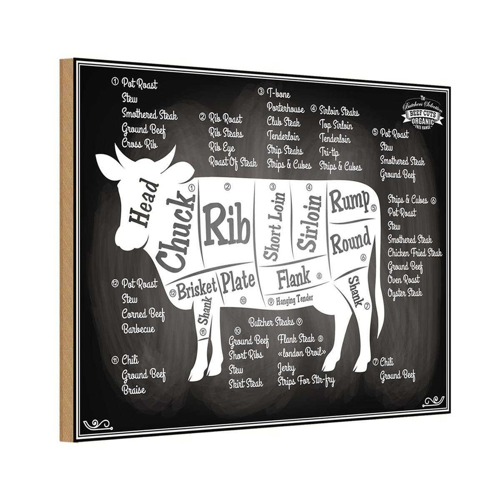 [LA-114719-1812-H] Holzschild 12x18 cm Kuh Beef cuts Organic Fleisch Metzgerei Hofladen Marktstand Laden