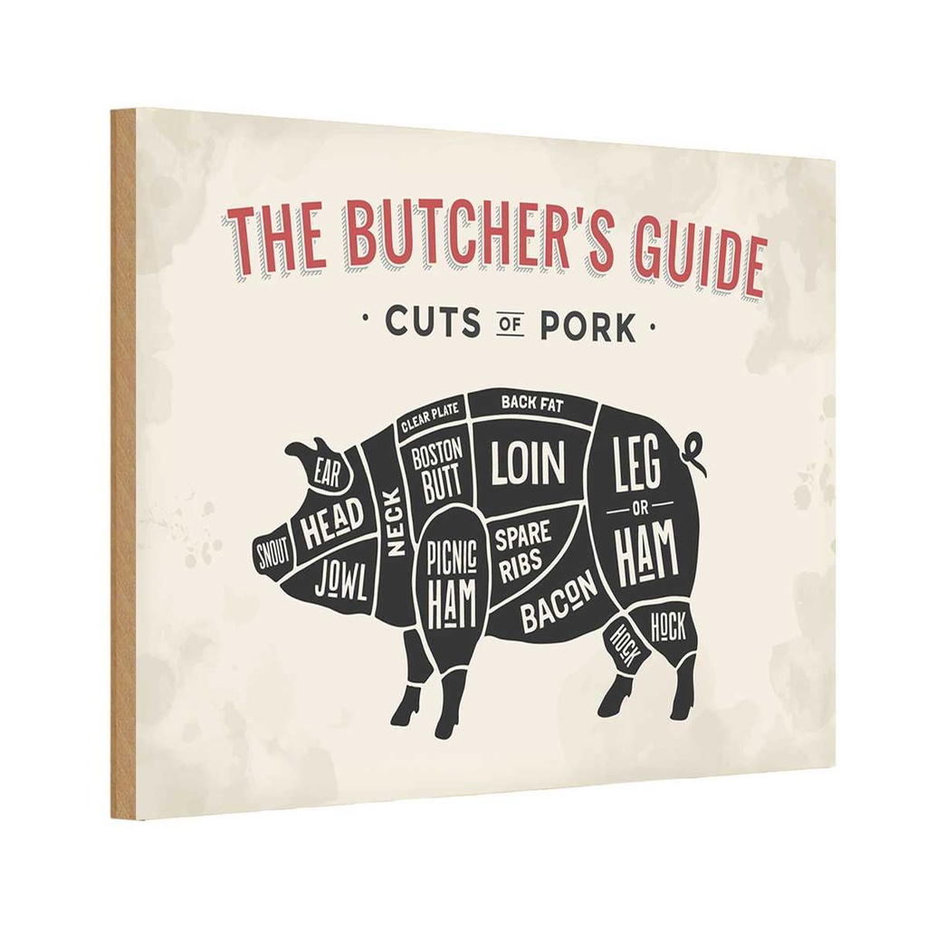 [LA-114730-1812-H] Holzschild 12x18 cm Schwein Pork cuts Metzgerei Fliesch Hofladen Marktstand Laden
