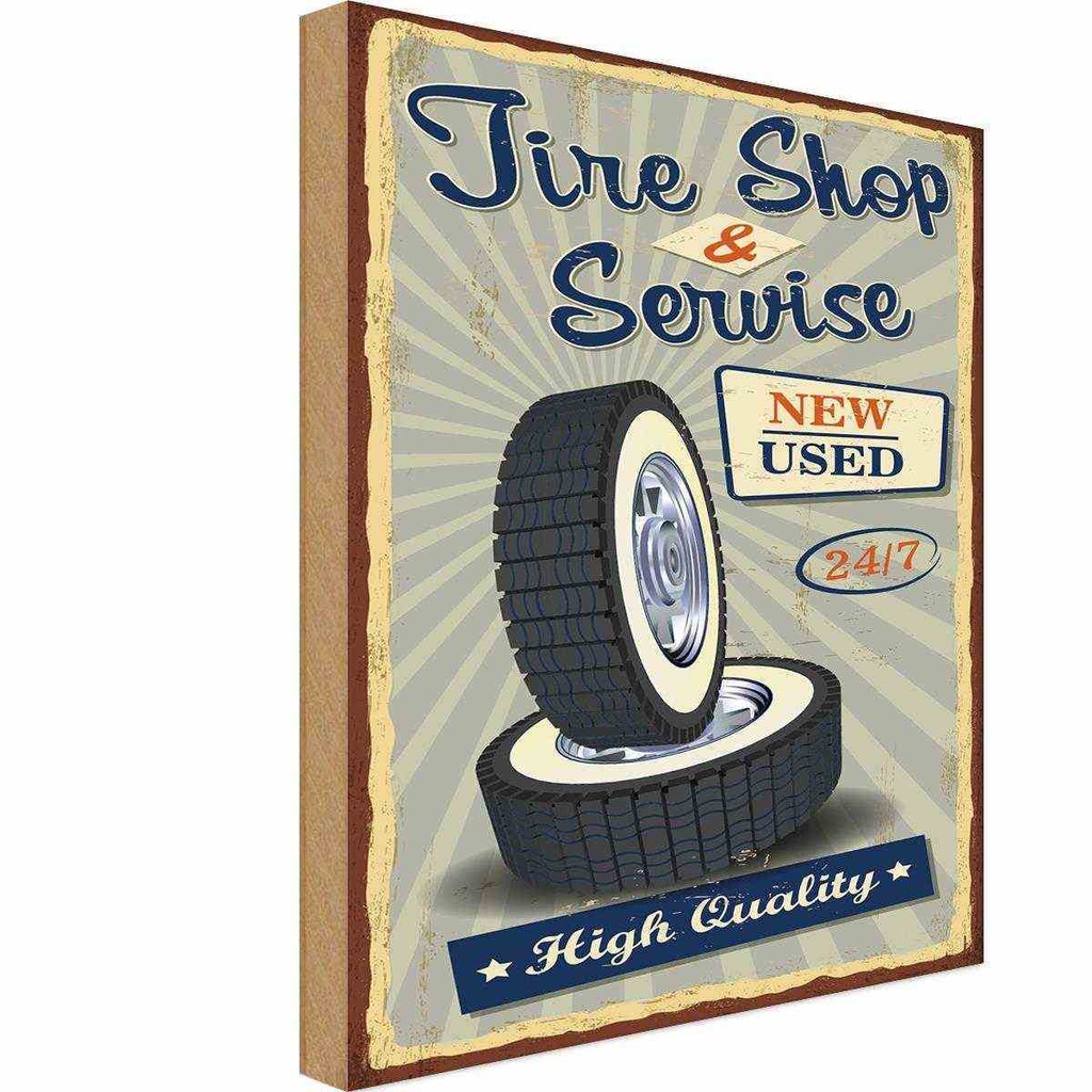 [LA-114793-1812-H] Holzschild 18x12 cm Tire Shop Service 24/7 new used Europa