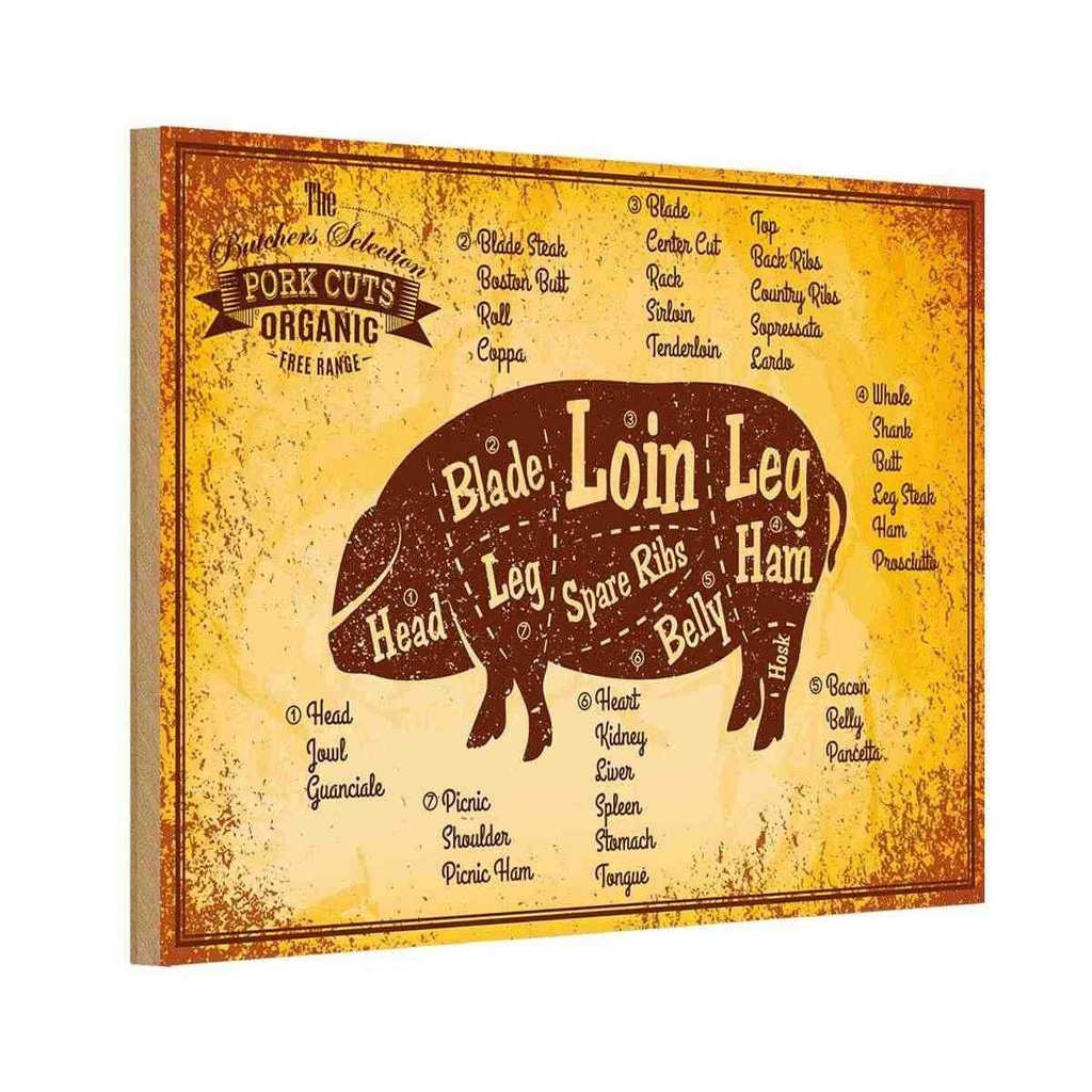 [LA-114810-1812-H] Holzschild 12x18 cm Schwein Pork cuts organic Metzgerei Hofladen Marktstand Laden