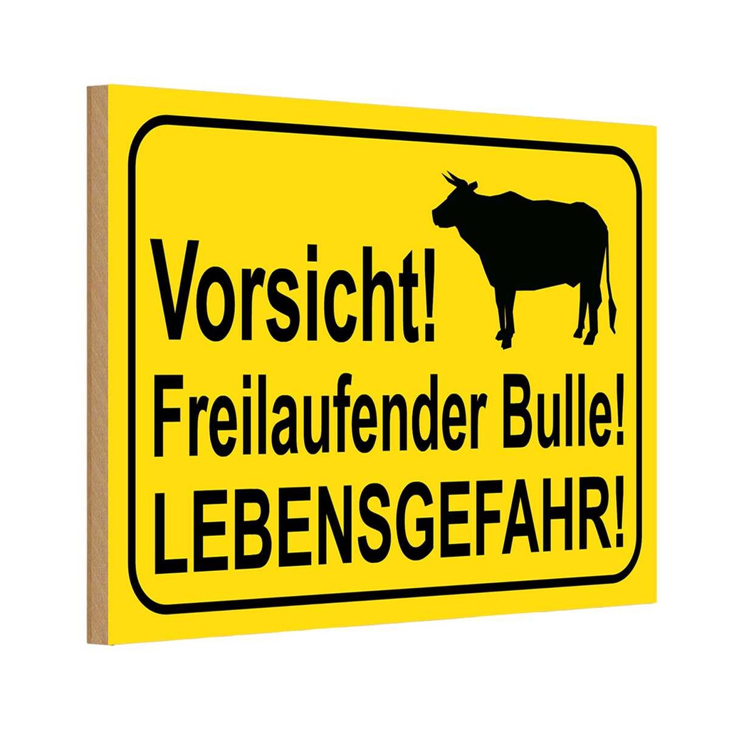 [LA-115208-1812-H] Holzschild 12x18 cm Vorsicht freilaufender Bulle Warnschild Hinweisschild