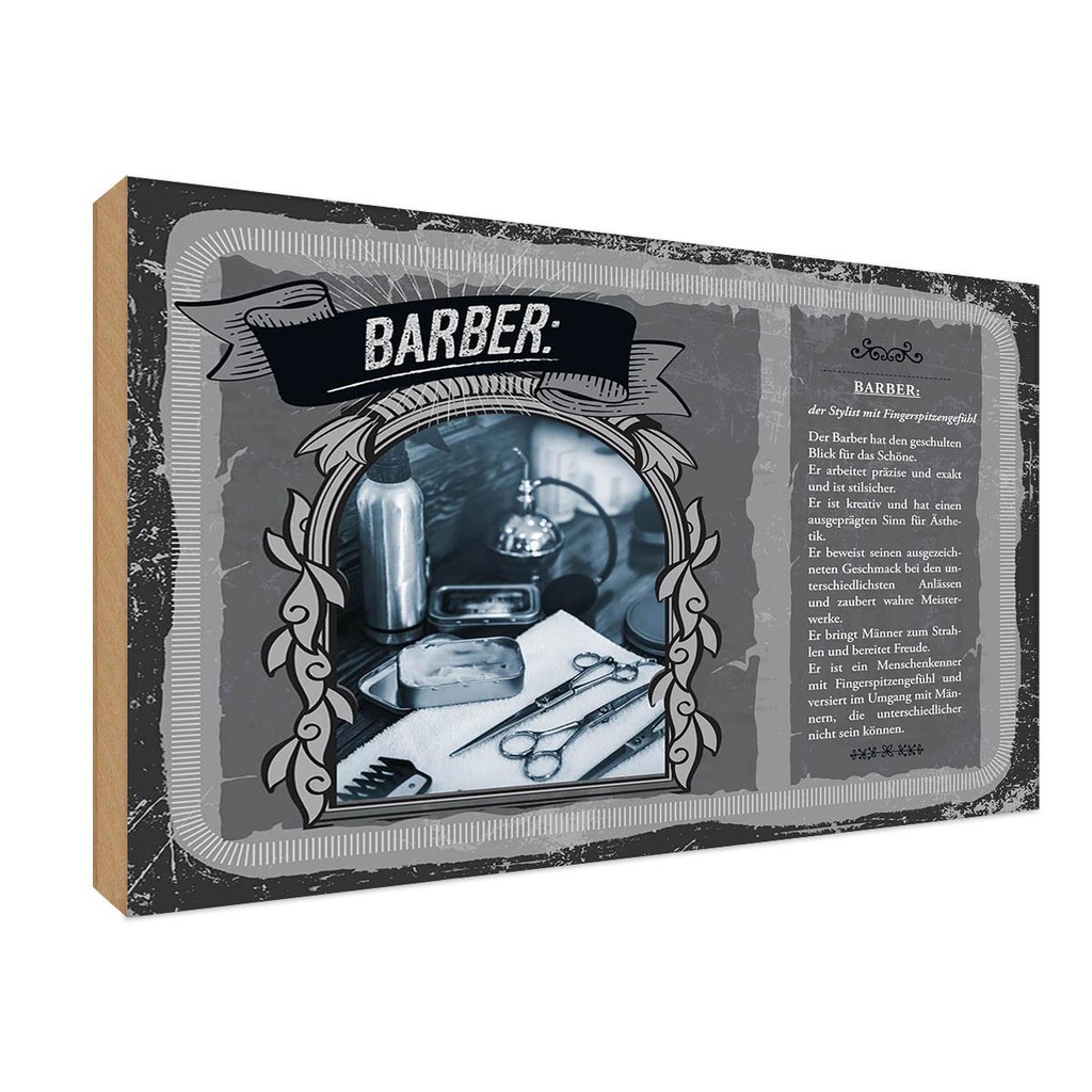 [LA-122986-1812-H] Holzschild 12x18 cm Barber Stylist Beruf Arbeit