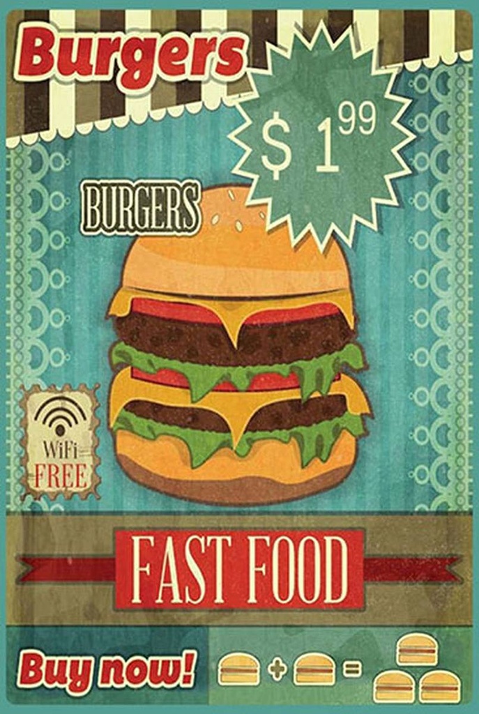 [LA-1781497-H] Holzschild 18x12 cm fast food Burgers buy now wifi