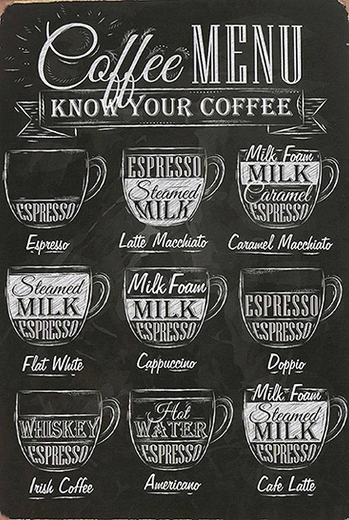 Holzschild 18x12 cm Coffee Menu Espresso Latte Flat