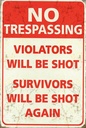 Holzschild 18x12 cm Retro No trespassing violators be shot