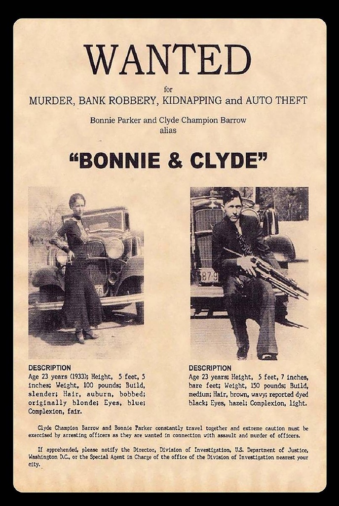 Holzschild 18x12 cm wanted Bonnie Clyde