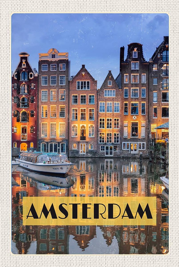 Holzschild 18x12 cm Amsterdam bei Nacht Reiseziel Bildmotiv Reisemotiv Abenteuer Reisen