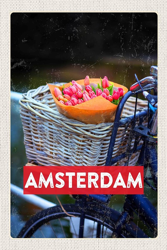 Holzschild 18x12 cm Retro Amsterdam Tulpen Fahrrad Bildmotiv Reisemotiv Abenteuer Reisen