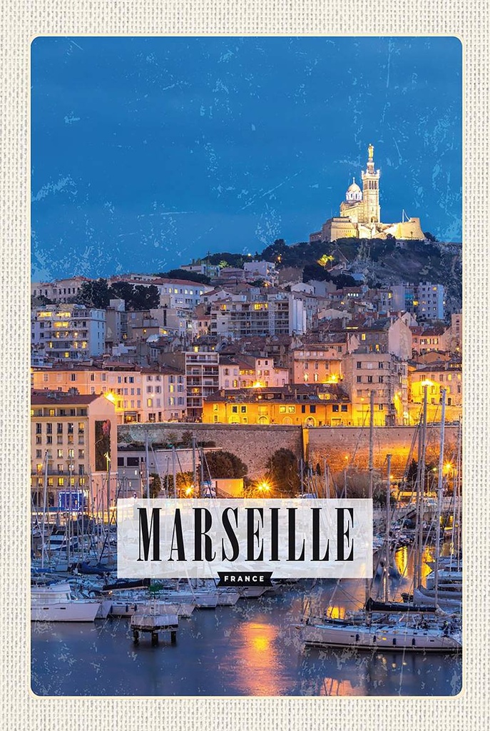 Holzschild 18x12 cm Retro Marseille France Panorama Nacht Bildmotiv Reisemotiv Abenteuer Reisen
