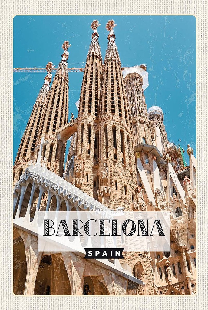 Holzschild 18x12 cm Retro Barcelona Reiseziel Geschenk Bildmotiv Reisemotiv Abenteuer Reisen